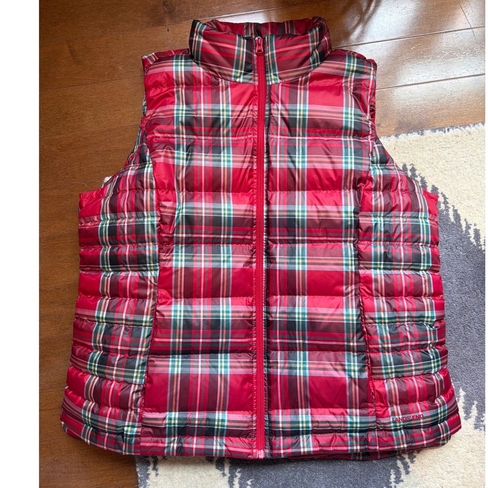 Lands End Down Puffer Vest Womens XL 18 Red Tartan Plaid Quilted Full Zip Preppy